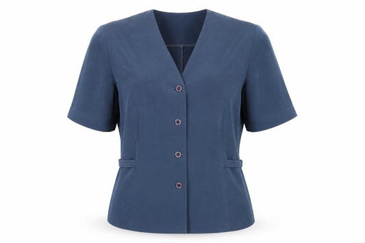 Front view of Riddella women’s blue polyester blouse, size UK 14, v-neck button up