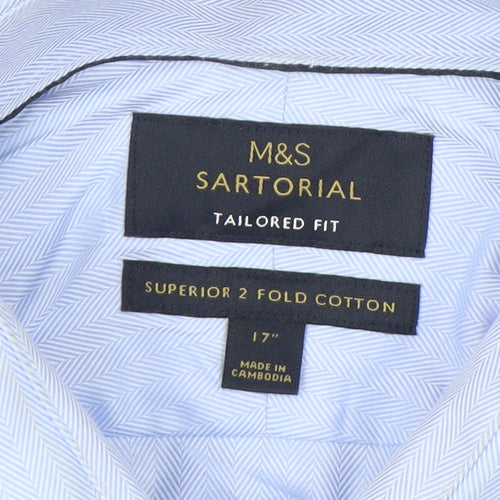 Marks and Spencer Men’s Blue Cotton Herringbone Tailored Fit Dress Shirt 17”
