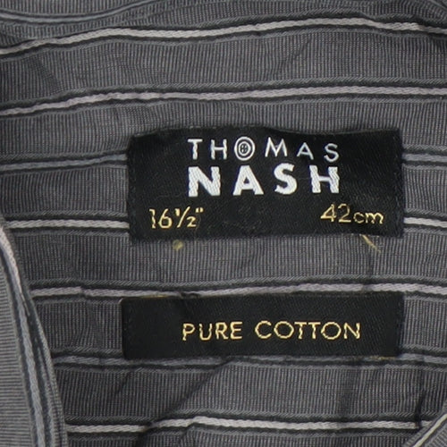 Thomas Nash Men’s Grey Striped Cotton Long Sleeve Button-Up Shirt Size 16.5 / 42in