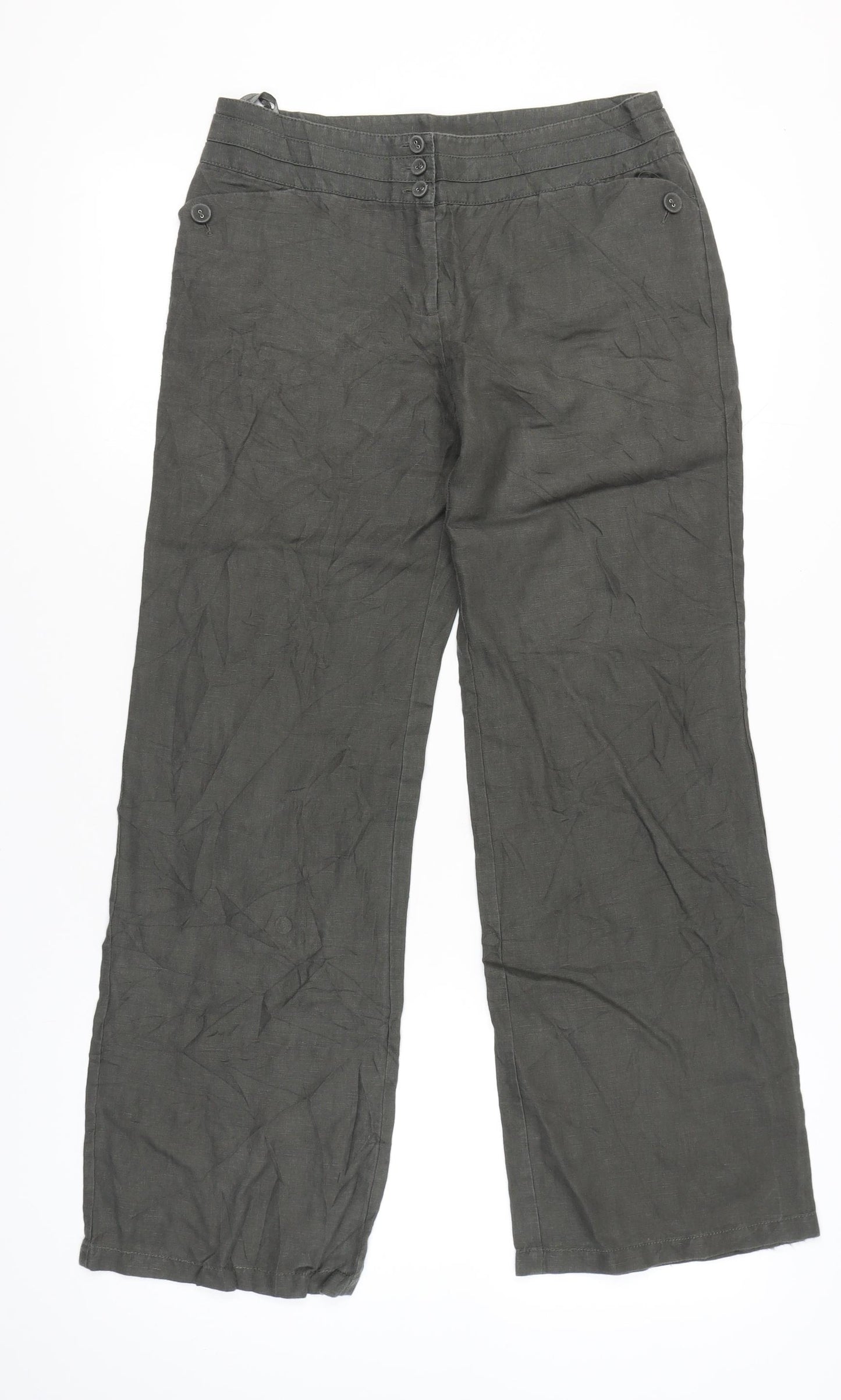 Monsoon Womens Green Linen Straight Leg Trousers Size 10