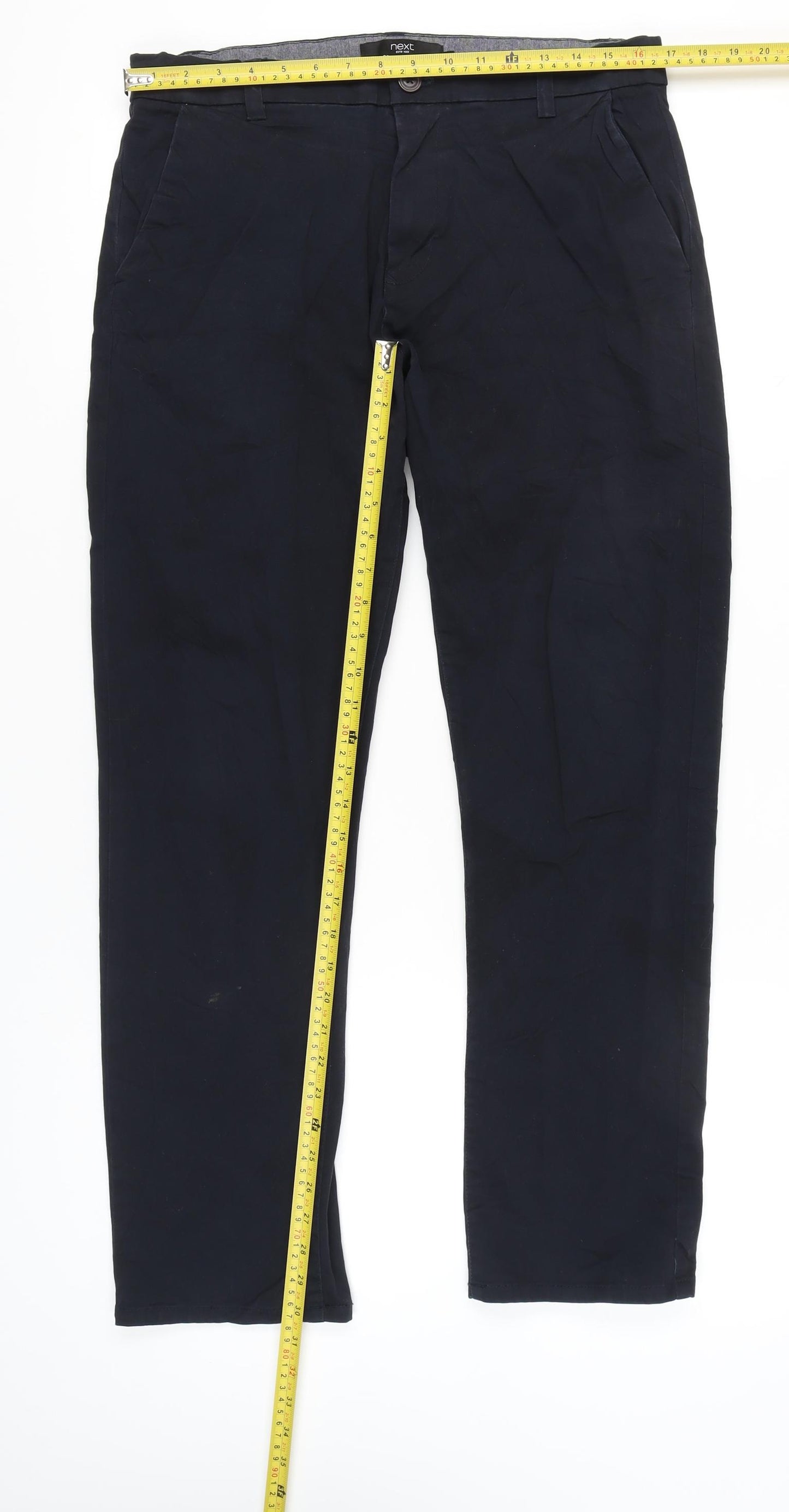 Next Men's Black Chino Trousers 34R Straight Fit Cotton Blend