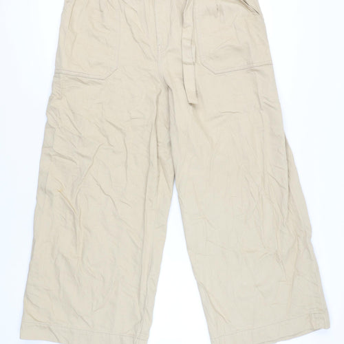 Warehouse Women’s Beige Paperbag Wide-Leg Cotton Trousers Size 16