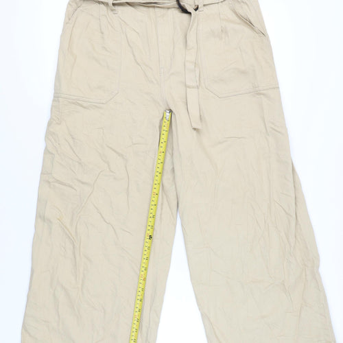 Warehouse Women’s Beige Paperbag Wide-Leg Cotton Trousers Size 16