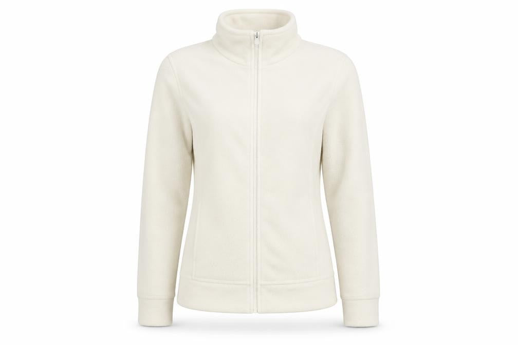 Front view of ea women’s white fleece full zip basic jacket, size M, regular fit