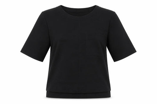 Front view of Warehouse Women’s Black UK 8 3/4 Sleeve Basic T-Shirt Polyester Blend