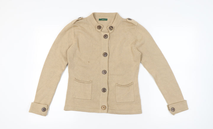 Sanye Womens Beige Cardigan Jumper S Crew Neck Long Sleeve Knit Casual