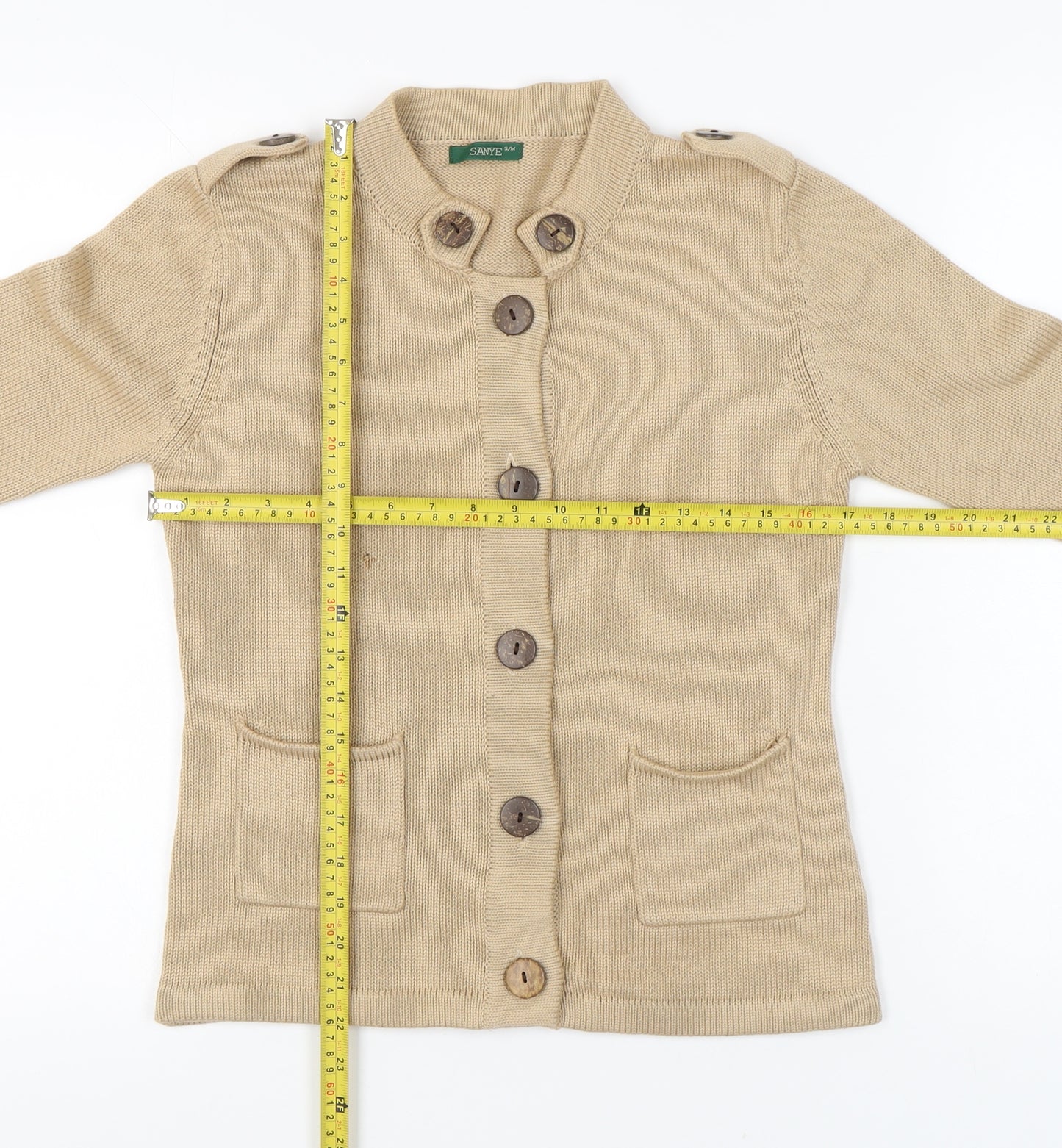 Sanye Womens Beige Cardigan Jumper S Crew Neck Long Sleeve Knit Casual