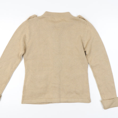 Sanye Womens Beige Cardigan Jumper S Crew Neck Long Sleeve Knit Casual