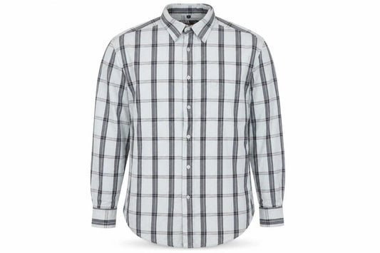Front view of Jeff & Co Men’s Blue Check Cotton Button-Up Shirt, size S