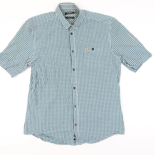 Farah Vintage Men's Blue Check Slim Fit Short Sleeve Shirt L