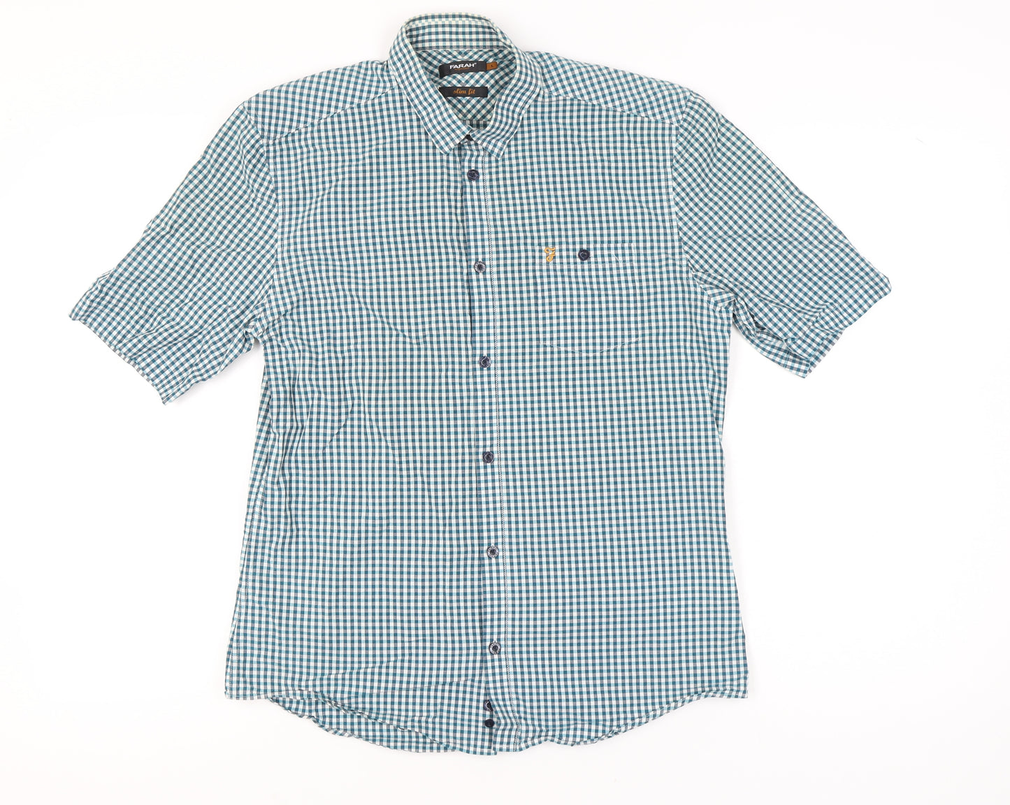 Farah Vintage Men's Blue Check Slim Fit Short Sleeve Shirt L