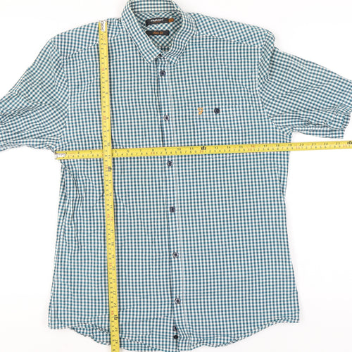 Farah Vintage Men's Blue Check Slim Fit Short Sleeve Shirt L