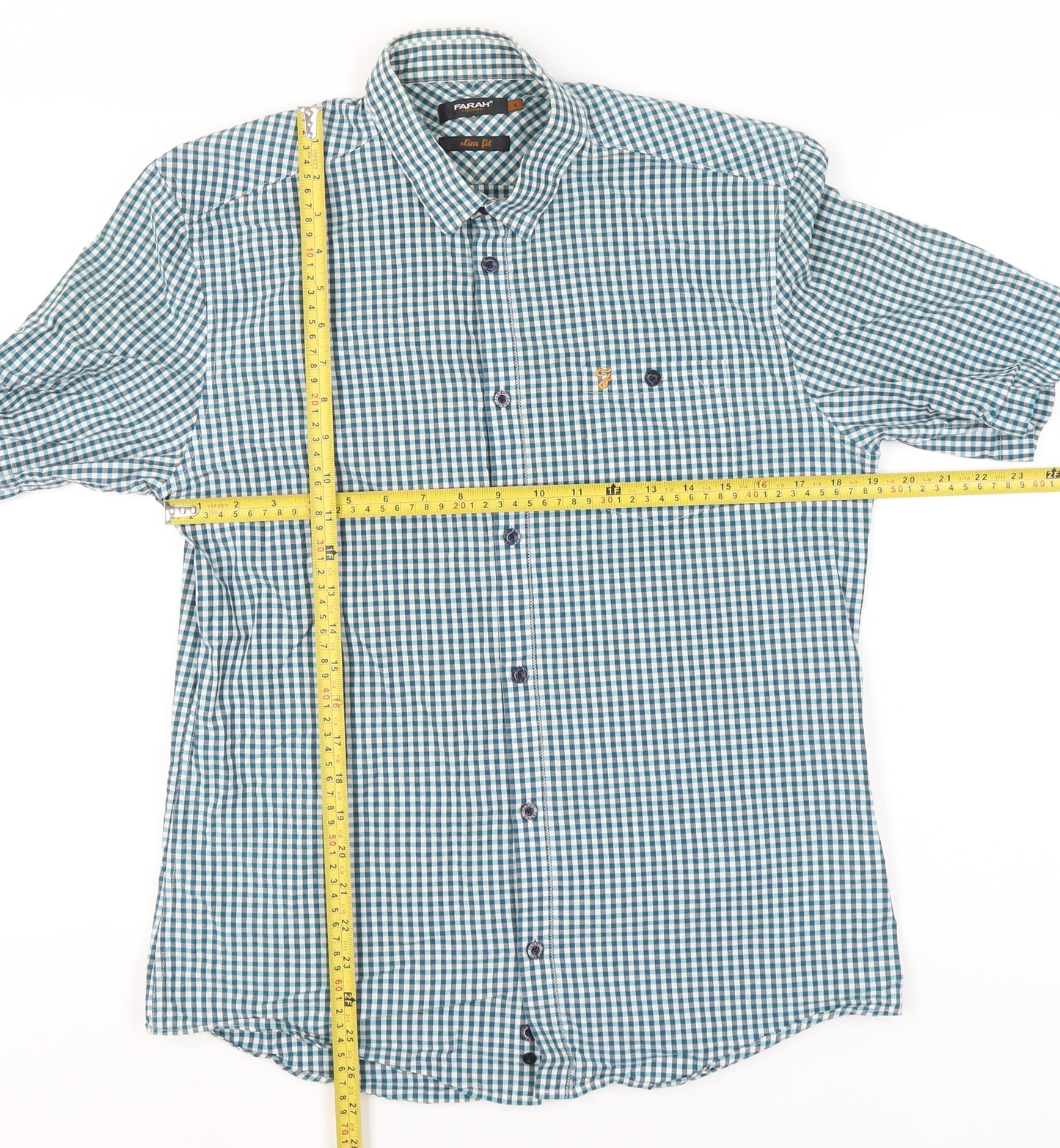 Farah Vintage Men's Blue Check Slim Fit Short Sleeve Shirt L