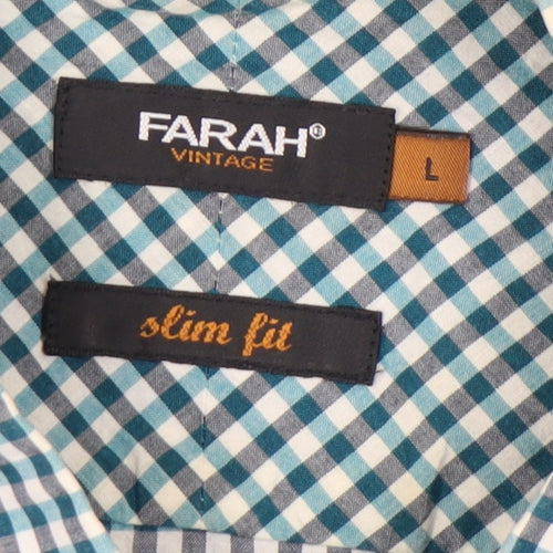 Farah Vintage Men's Blue Check Slim Fit Short Sleeve Shirt L