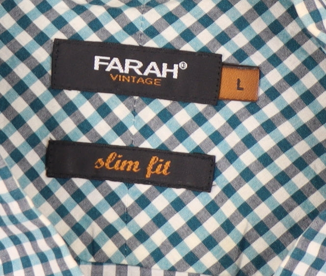 Farah Vintage Men's Blue Check Slim Fit Short Sleeve Shirt L