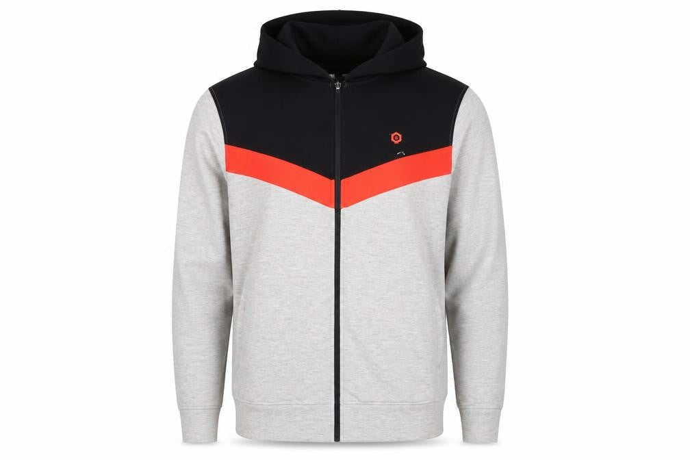 Front view of Jack & Jones Men’s XL Grey Black Red Full Zip Hoodie Jacket