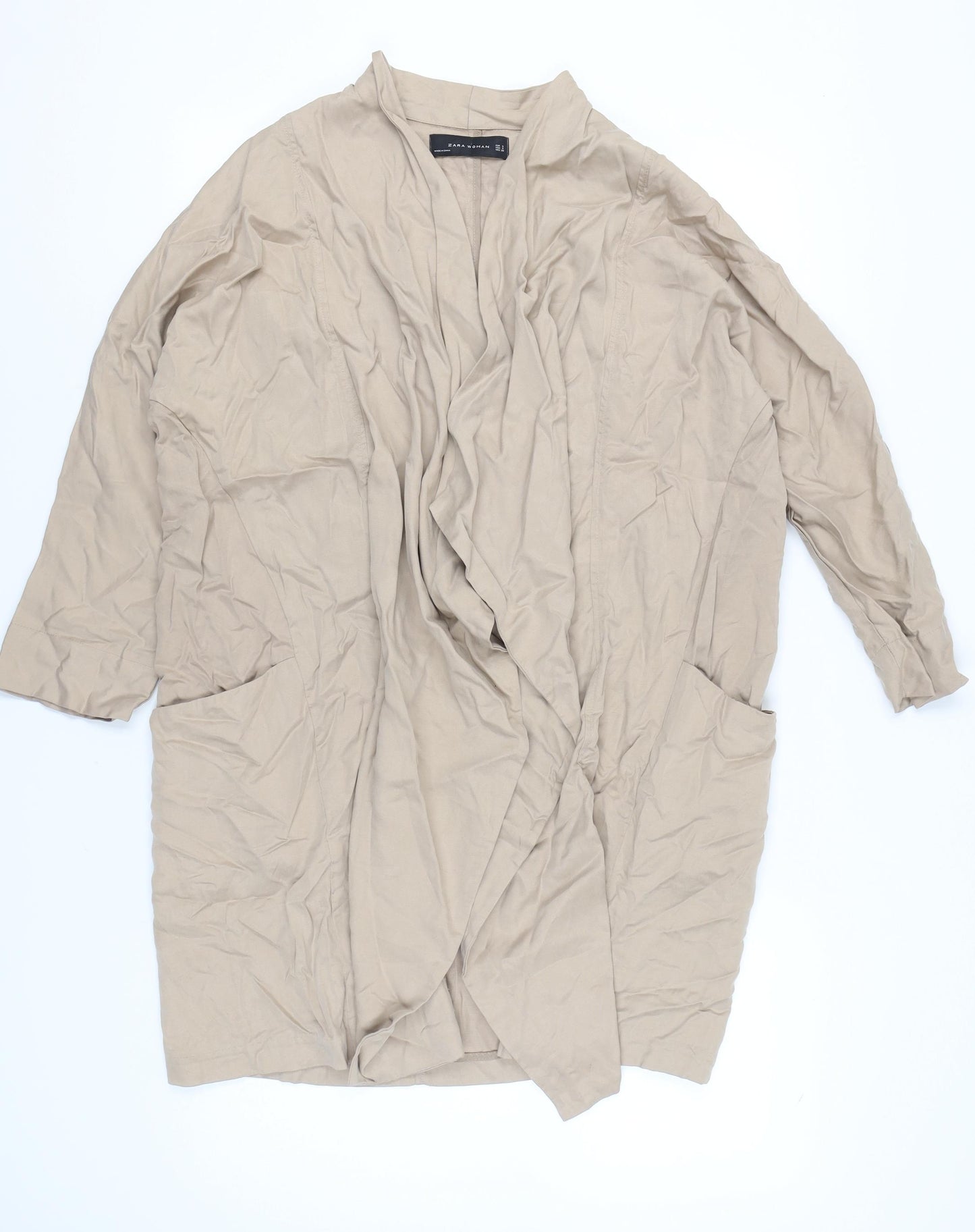 Zara Woman Beige Coatigan Women Size 8 Lyocell Linen Relaxed Fit