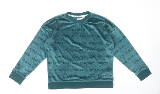 DKNY Womens Green Velour Logo Pyjama Top Size M Long Sleeve