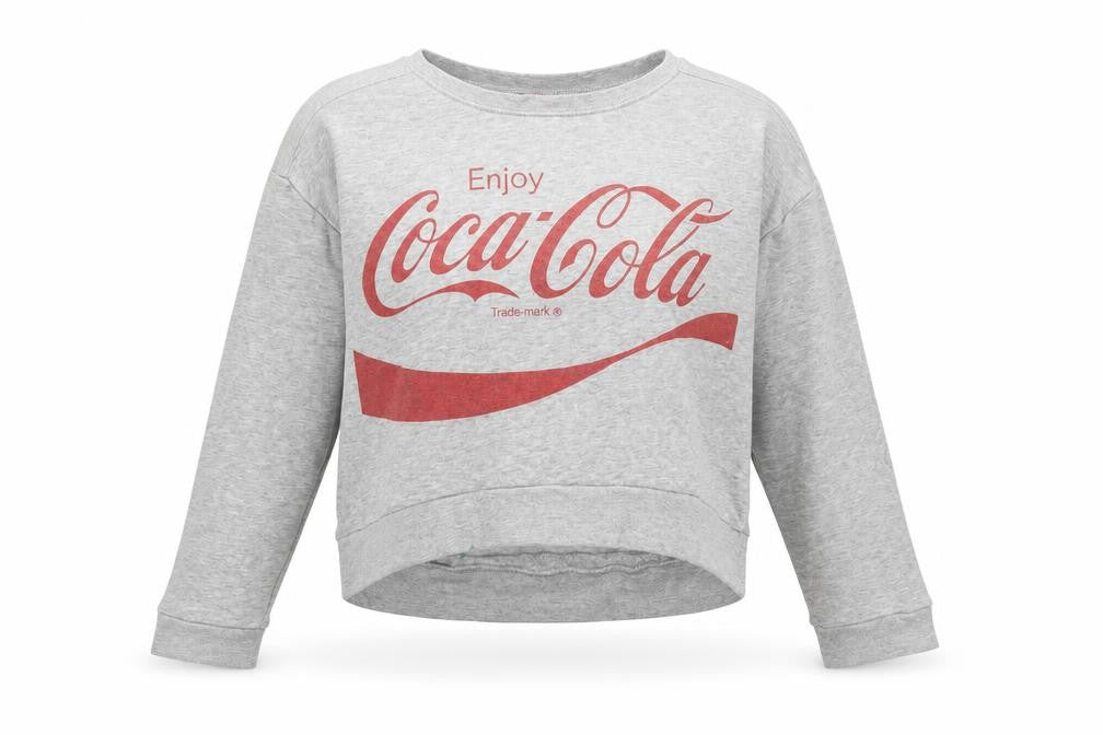Front view of Coca Cola girls’ grey logo sweatshirt 12-13 years pullover crew neck