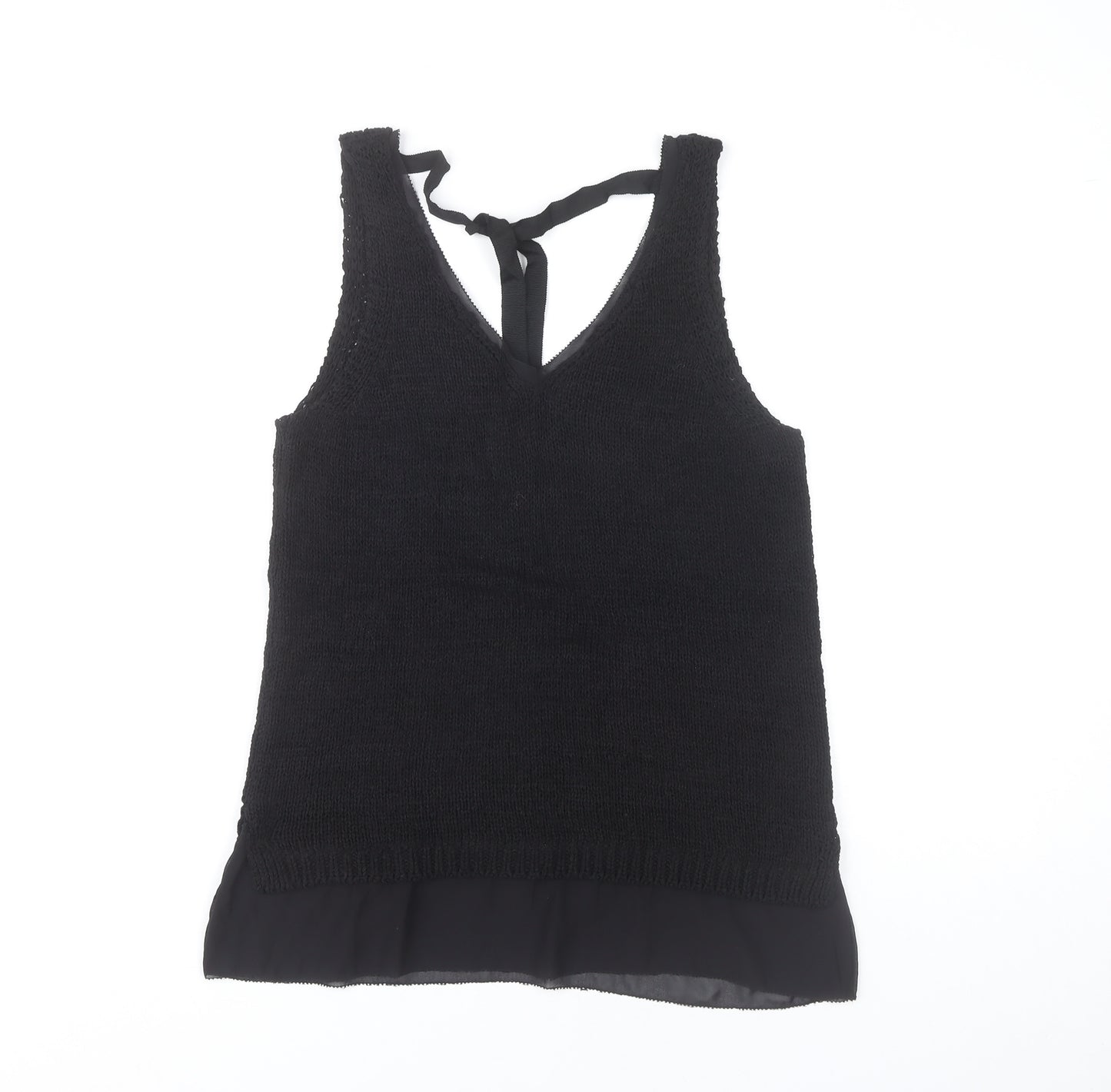 Next Women's Black Knit Tank Top Size S V-Neck Bow Detail