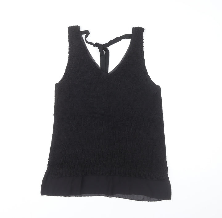 Next Women's Black Knit Tank Top Size S V-Neck Bow Detail