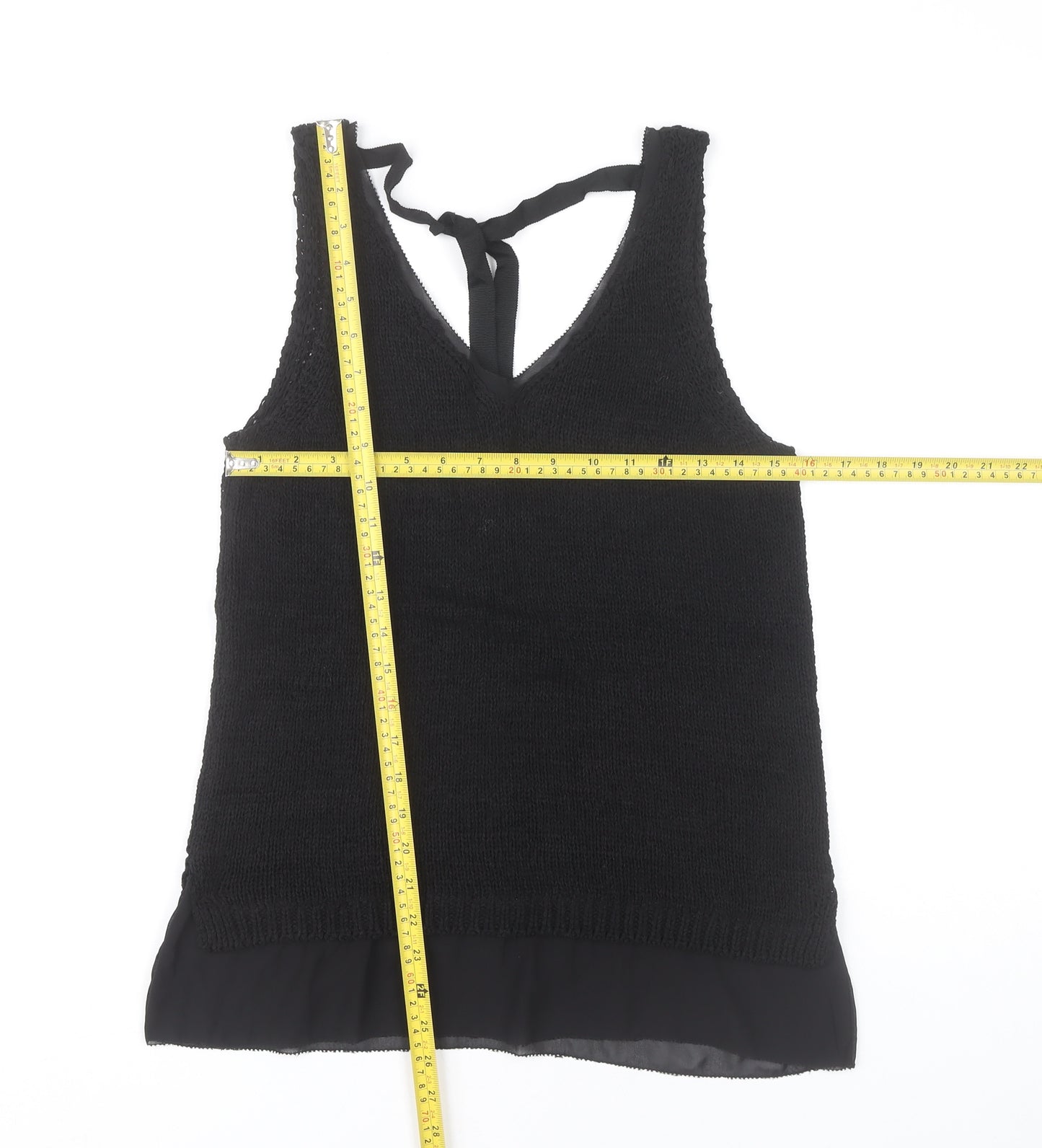 Next Women's Black Knit Tank Top Size S V-Neck Bow Detail