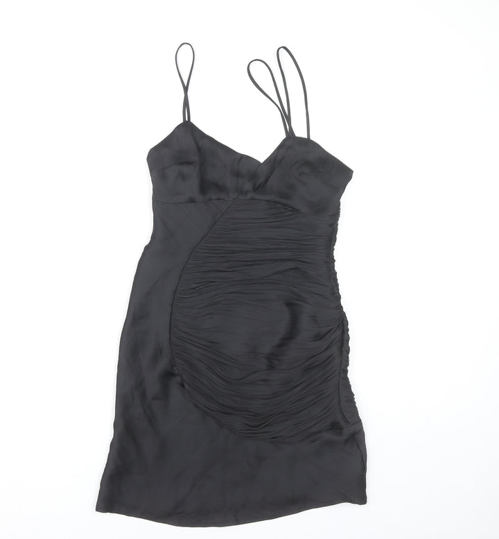 Zara Women Black XS Bodycon Ruched Strappy Cocktail Dress