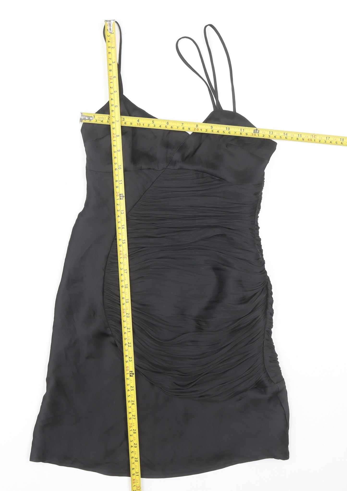 Zara Women Black XS Bodycon Ruched Strappy Cocktail Dress