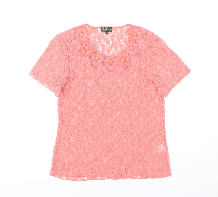 Casamia Women’s Pink Lace Scoop Neck Blouse S Short Sleeve
