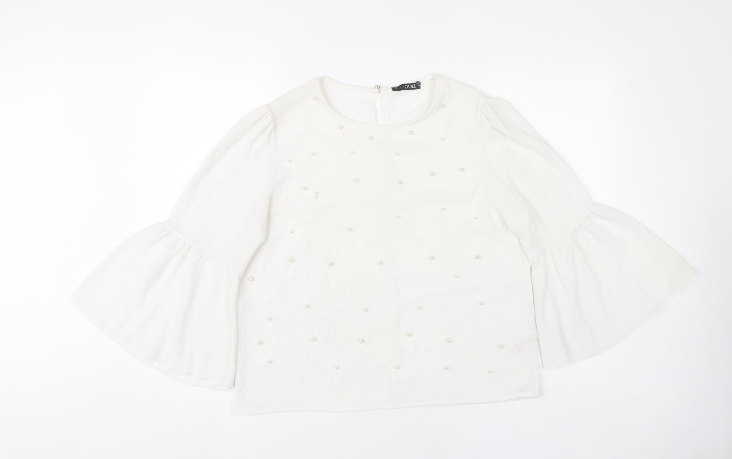 Quiz Women White Beaded Bell Sleeve Tunic Blouse Size M