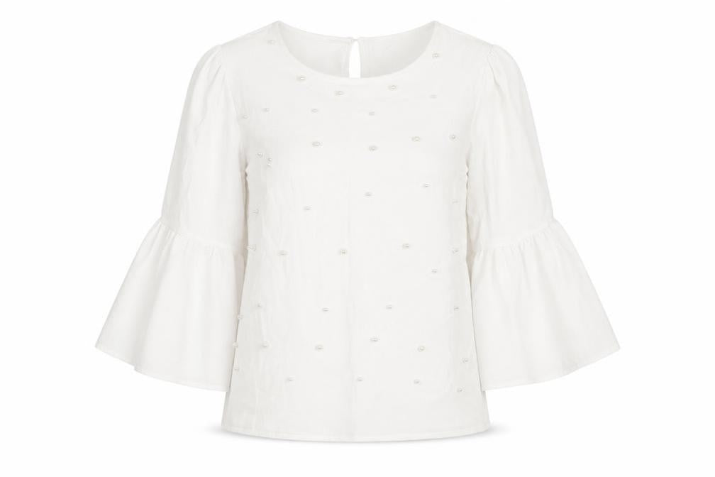 Front view of Quiz Women White Beaded Bell Sleeve Tunic Blouse, size M