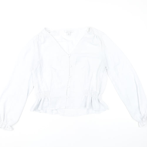 Topshop Women’s White Blouse UK 12 Long Sleeve V-Neck Ruffle