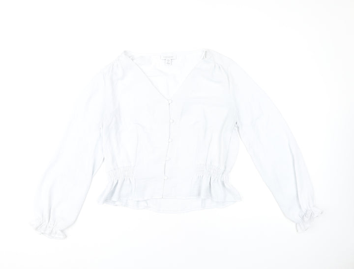 Topshop Women’s White Blouse UK 12 Long Sleeve V-Neck Ruffle