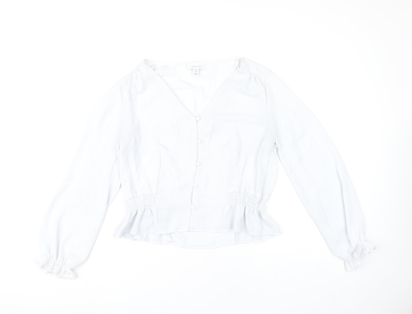 Topshop Women’s White Blouse UK 12 Long Sleeve V-Neck Ruffle