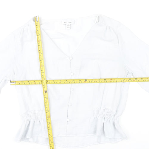 Topshop Women’s White Blouse UK 12 Long Sleeve V-Neck Ruffle