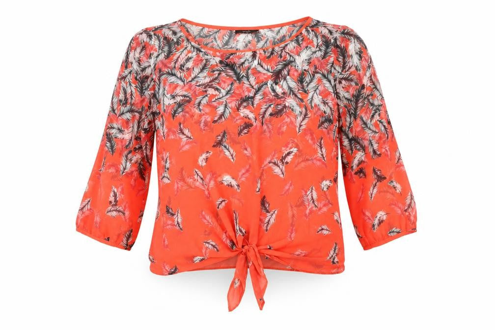 Front view of Wallis Women’s Red Feather Print Tunic Blouse, size M