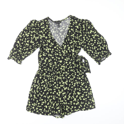 New Look Womens Black Floral Playsuit Size 6 Puff Sleeve V-Neck