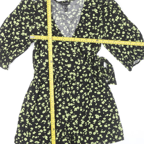 New Look Womens Black Floral Playsuit Size 6 Puff Sleeve V-Neck