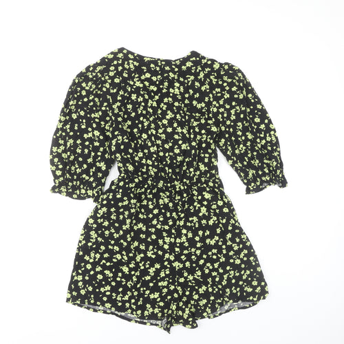 New Look Womens Black Floral Playsuit Size 6 Puff Sleeve V-Neck