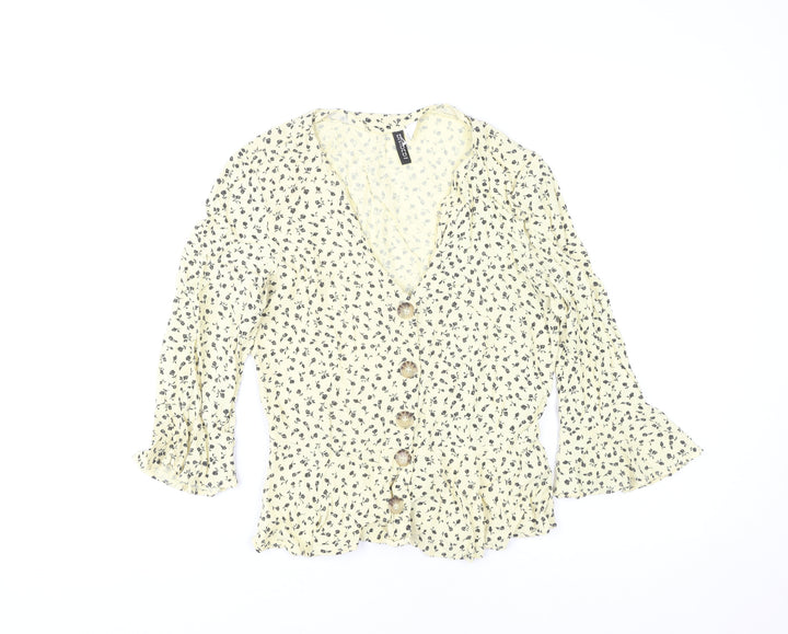 H&M Women Beige Floral Button Tunic Blouse Size 8 Viscose