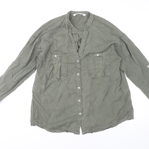 Zara Women's Green Lyocell Button-Up Tunic Shirt S Long Sleeve