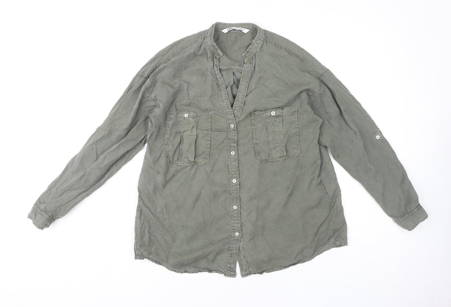 Zara Women's Green Lyocell Button-Up Tunic Shirt S Long Sleeve