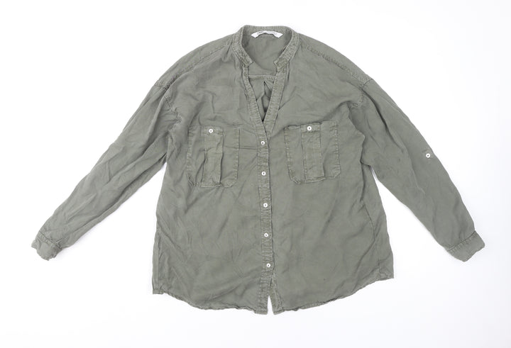 Zara Women's Green Lyocell Button-Up Tunic Shirt S Long Sleeve