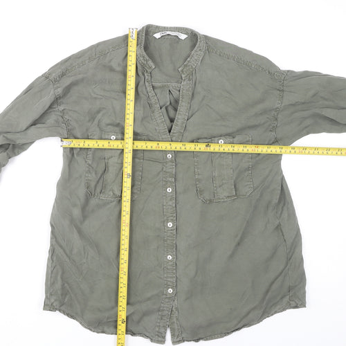 Zara Women's Green Lyocell Button-Up Tunic Shirt S Long Sleeve