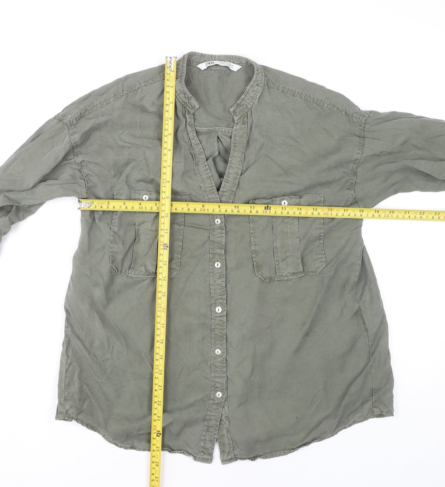 Zara Women's Green Lyocell Button-Up Tunic Shirt S Long Sleeve