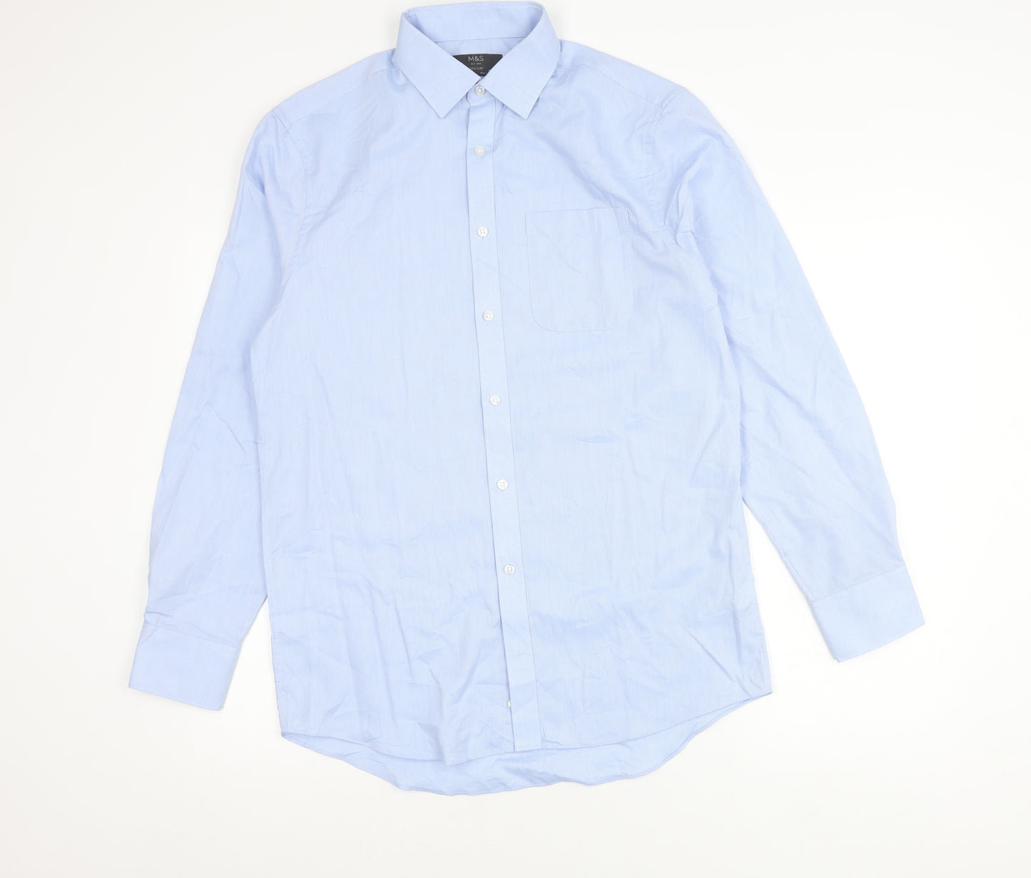Marks and Spencer Men's Blue Regular Fit Button-Up Shirt Size 15