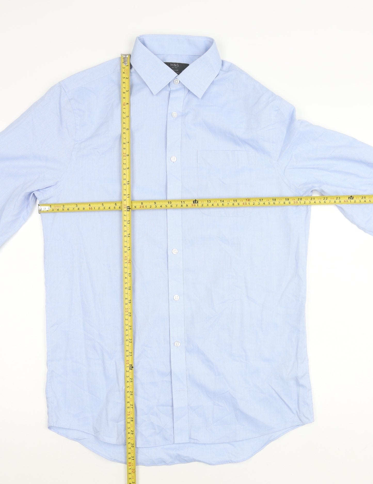 Marks and Spencer Men's Blue Regular Fit Button-Up Shirt Size 15