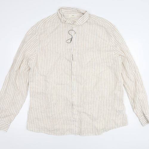 Marks and Spencer Men’s Beige Striped Linen 3XL Long Sleeve Shirt