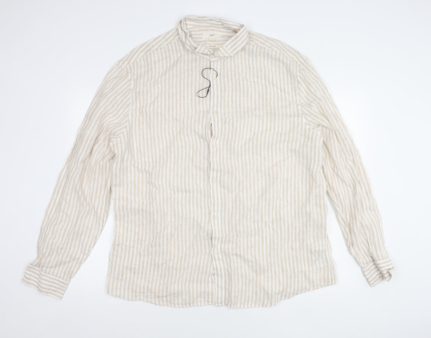 Marks and Spencer Men’s Beige Striped Linen 3XL Long Sleeve Shirt