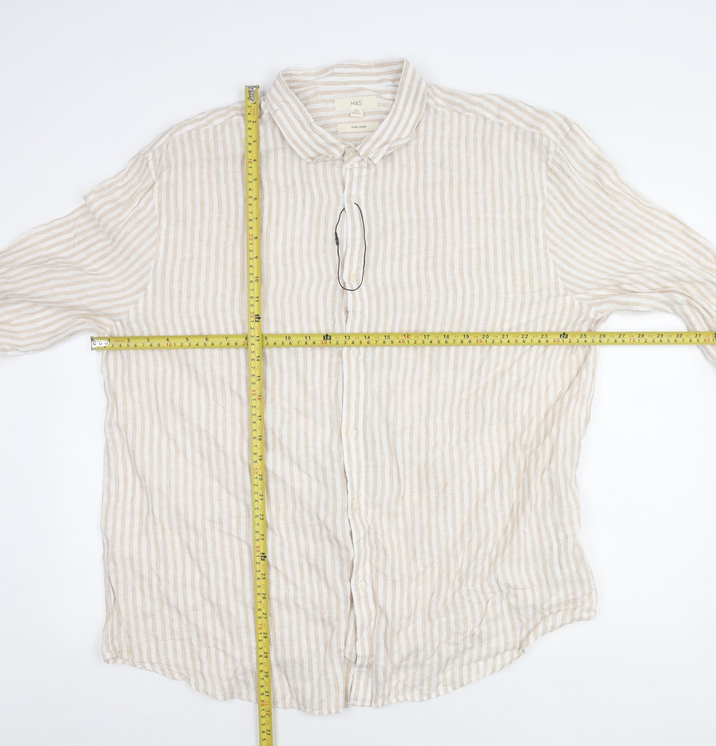 Marks and Spencer Men’s Beige Striped Linen 3XL Long Sleeve Shirt